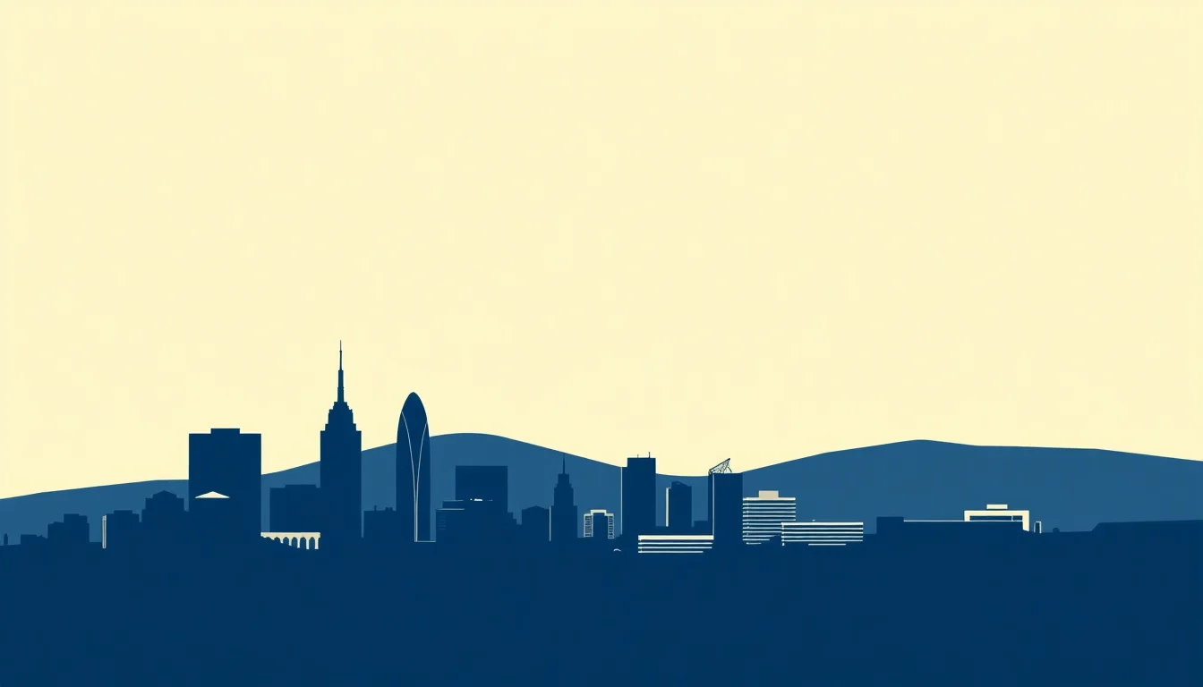 Stylised skyline illustration representing cosmetic surgery clinics in Adelaide, SA. Decorative; not a depiction of any specific practice.