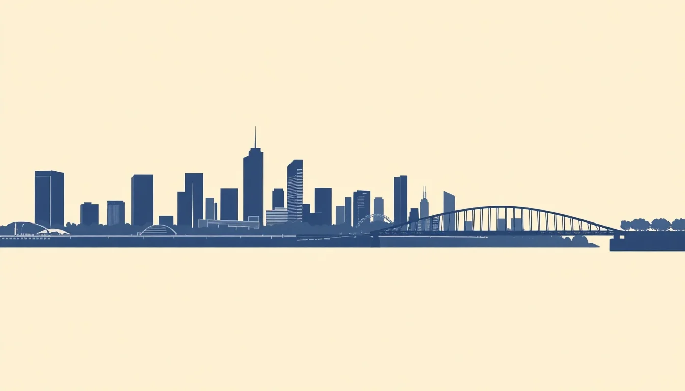Stylised skyline illustration representing cosmetic surgery clinics in Brisbane, QLD. Decorative; not a depiction of any specific practice.