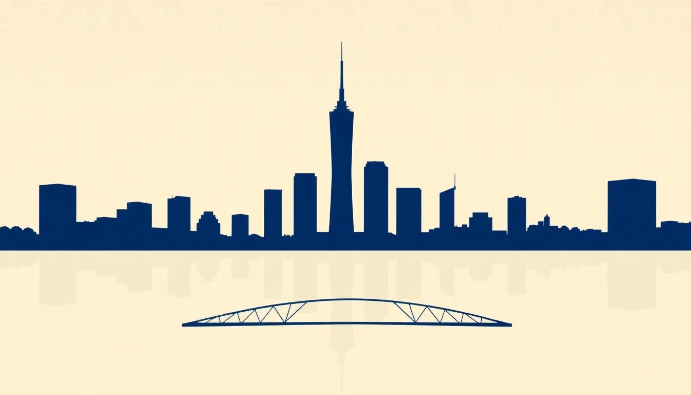 Stylised skyline illustration representing cosmetic surgery clinics in Melbourne, VIC. Decorative; not a depiction of any specific practice.